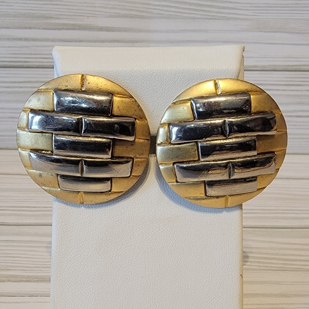 Vintage Oversized Two Tone Gold Silver Geometric Clip On Statement Earrings